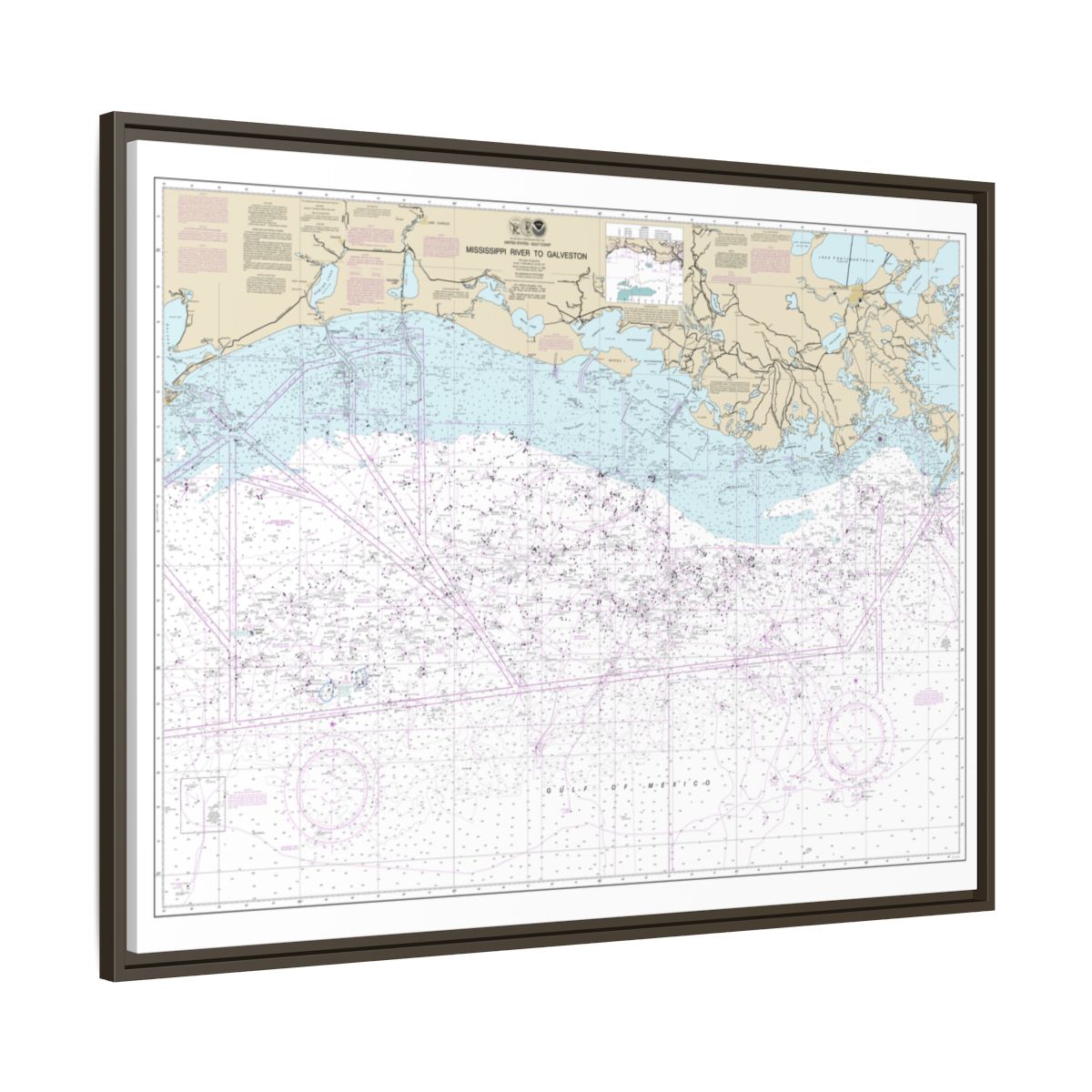 Chart 11340 Mississippi River to Galveston - NOAA Nautical Chart Floating Frame Canvas | 32" x 24" | 40" x 30" - Espresso side