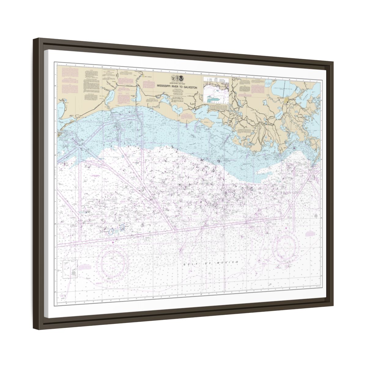 Chart 11340 Mississippi River to Galveston - NOAA Nautical Chart Floating Frame Canvas | 32" x 24" | 40" x 30" - Espresso side