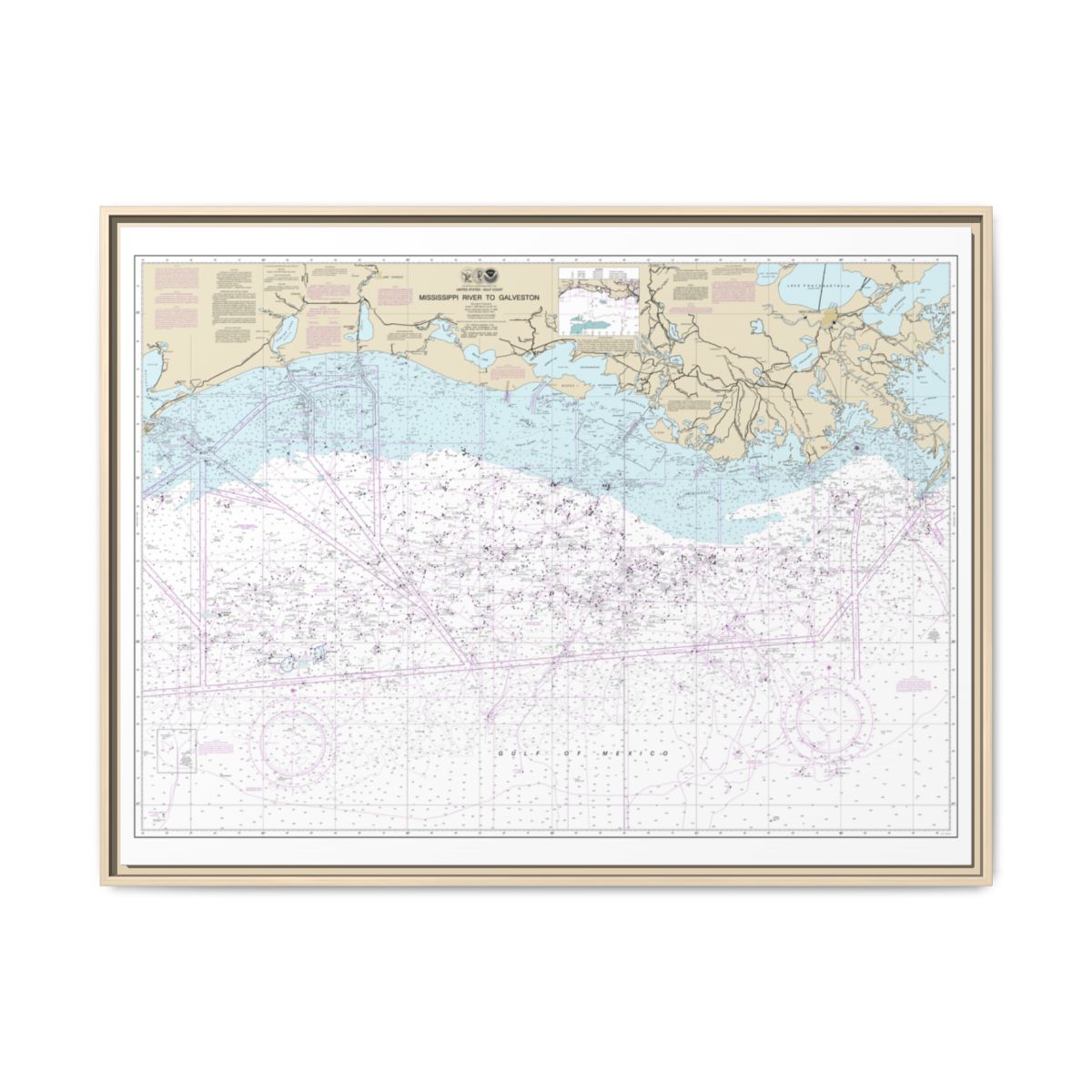 Chart 11340 Mississippi River to Galveston - NOAA Nautical Chart Floating Frame Canvas | 32" x 24" | 40" x 30" - Natural front