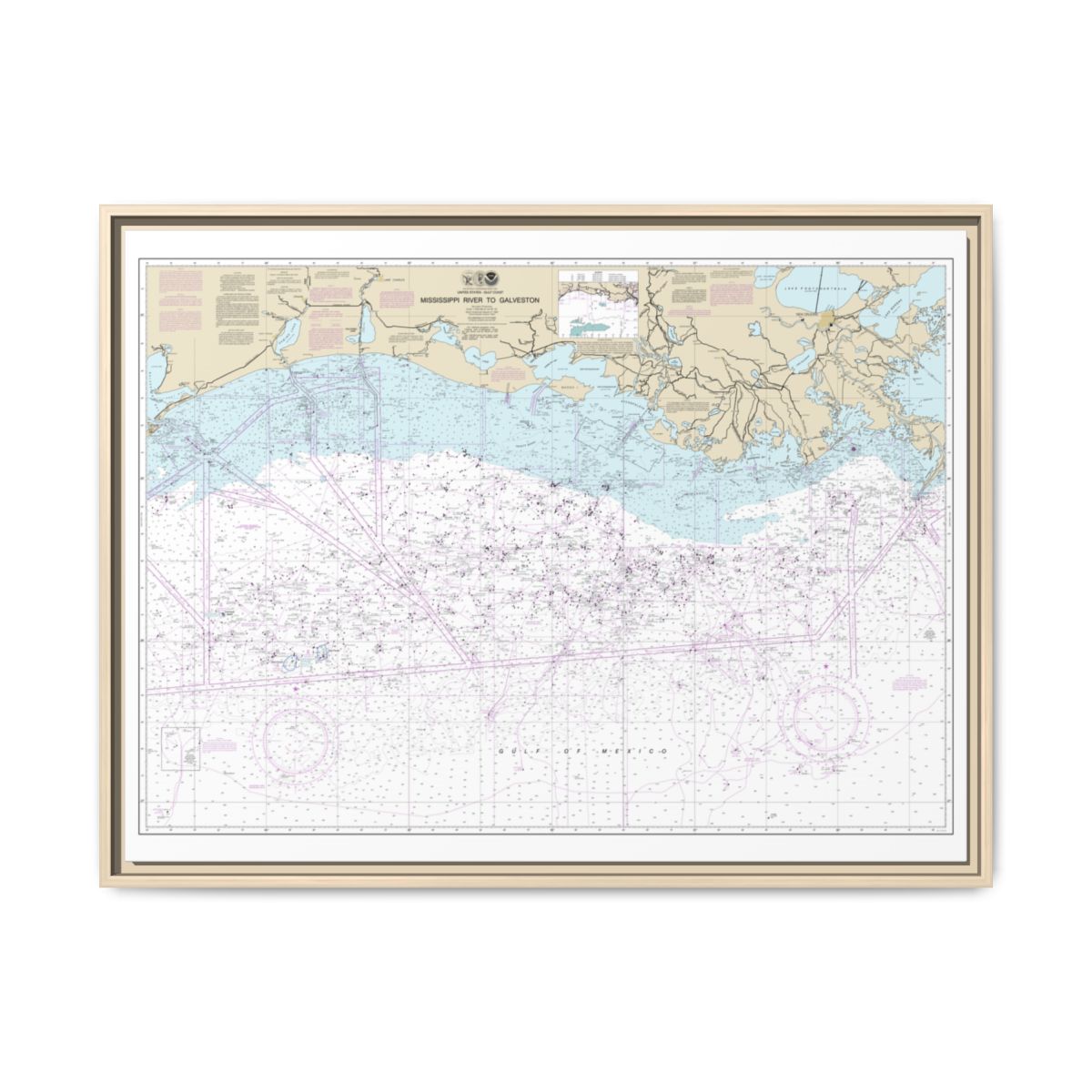 Chart 11340 Mississippi River to Galveston - NOAA Nautical Chart Floating Frame Canvas | 32" x 24" | 40" x 30" - Natural front