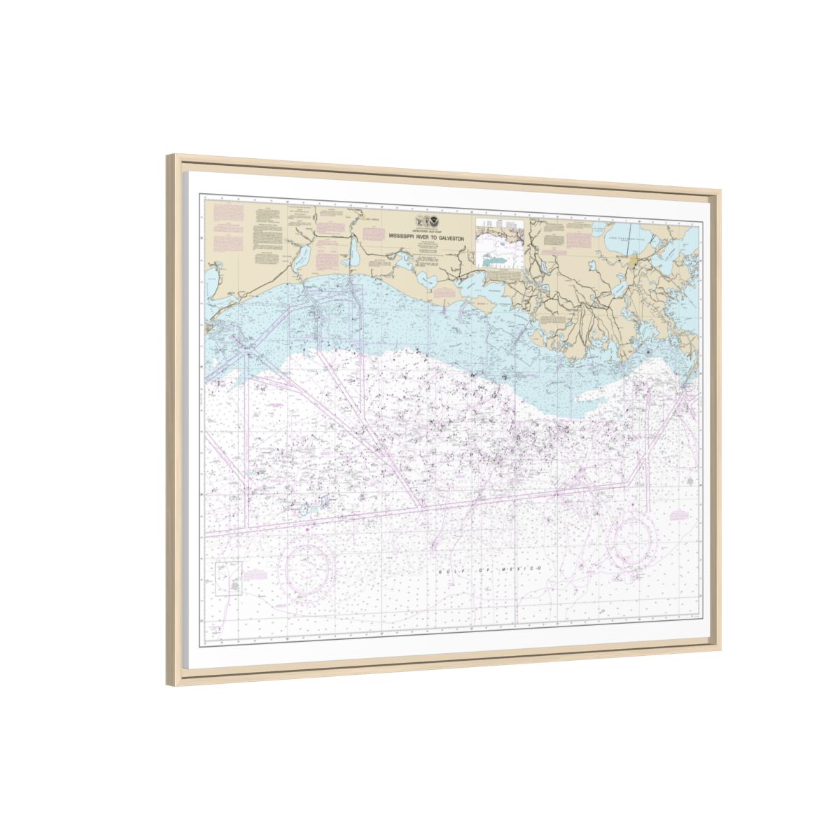 Chart 11340 Mississippi River to Galveston - NOAA Nautical Chart Floating Frame Canvas | 32" x 24" | 40" x 30" - Natural side
