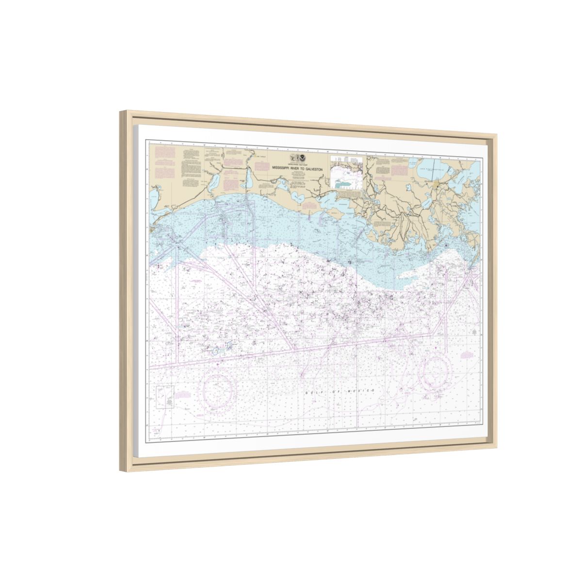 Chart 11340 Mississippi River to Galveston - NOAA Nautical Chart Floating Frame Canvas | 32" x 24" | 40" x 30" - Natural side