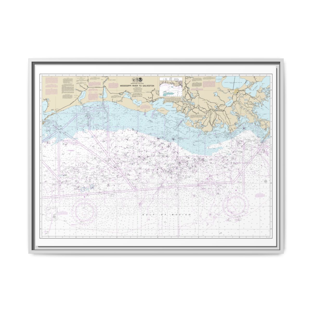 Chart 11340 Mississippi River to Galveston - NOAA Nautical Chart Floating Frame Canvas | 32" x 24" | 40" x 30" - White front