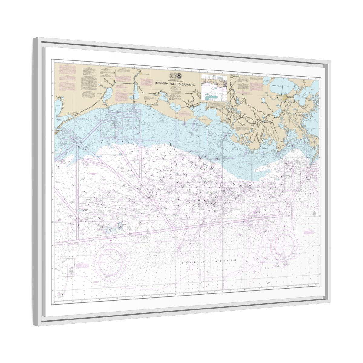 Chart 11340 Mississippi River to Galveston - NOAA Nautical Chart Floating Frame Canvas | 32" x 24" | 40" x 30" - White side