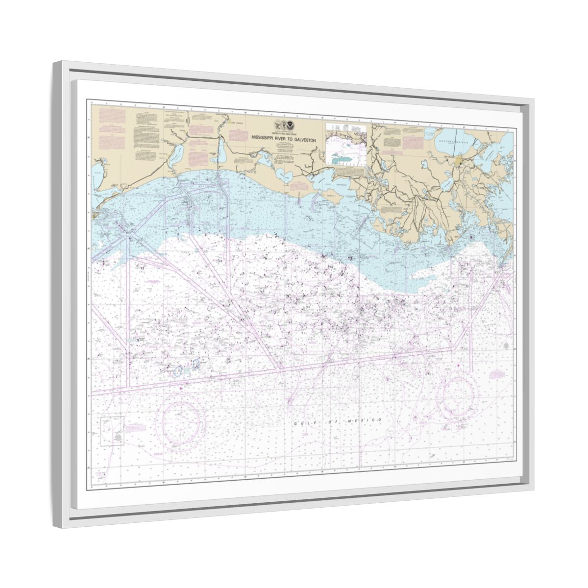 Chart 11340 Mississippi River to Galveston - NOAA Nautical Chart Floating Frame Canvas | 32" x 24" | 40" x 30" - White side