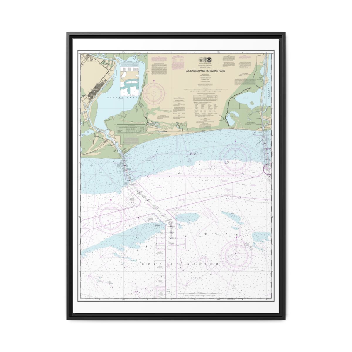 Chart 11341 Calcasieu Pass to Sabine Pass - NOAA Nautical Chart Floating Frame Canvas | 24" x 32" | 30" x 40" - Black front