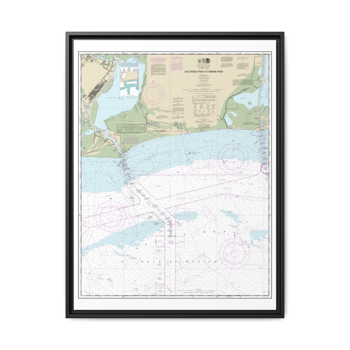 Chart 11341 Calcasieu Pass to Sabine Pass - NOAA Nautical Chart Floating Frame Canvas | 24" x 32" | 30" x 40" - Black front