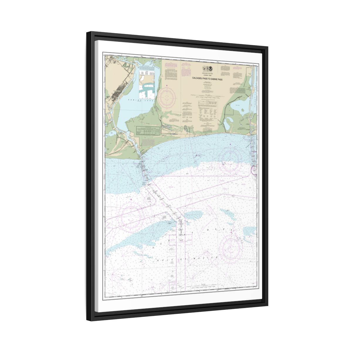 Chart 11341 Calcasieu Pass to Sabine Pass - NOAA Nautical Chart Floating Frame Canvas | 24" x 32" | 30" x 40" - Black side