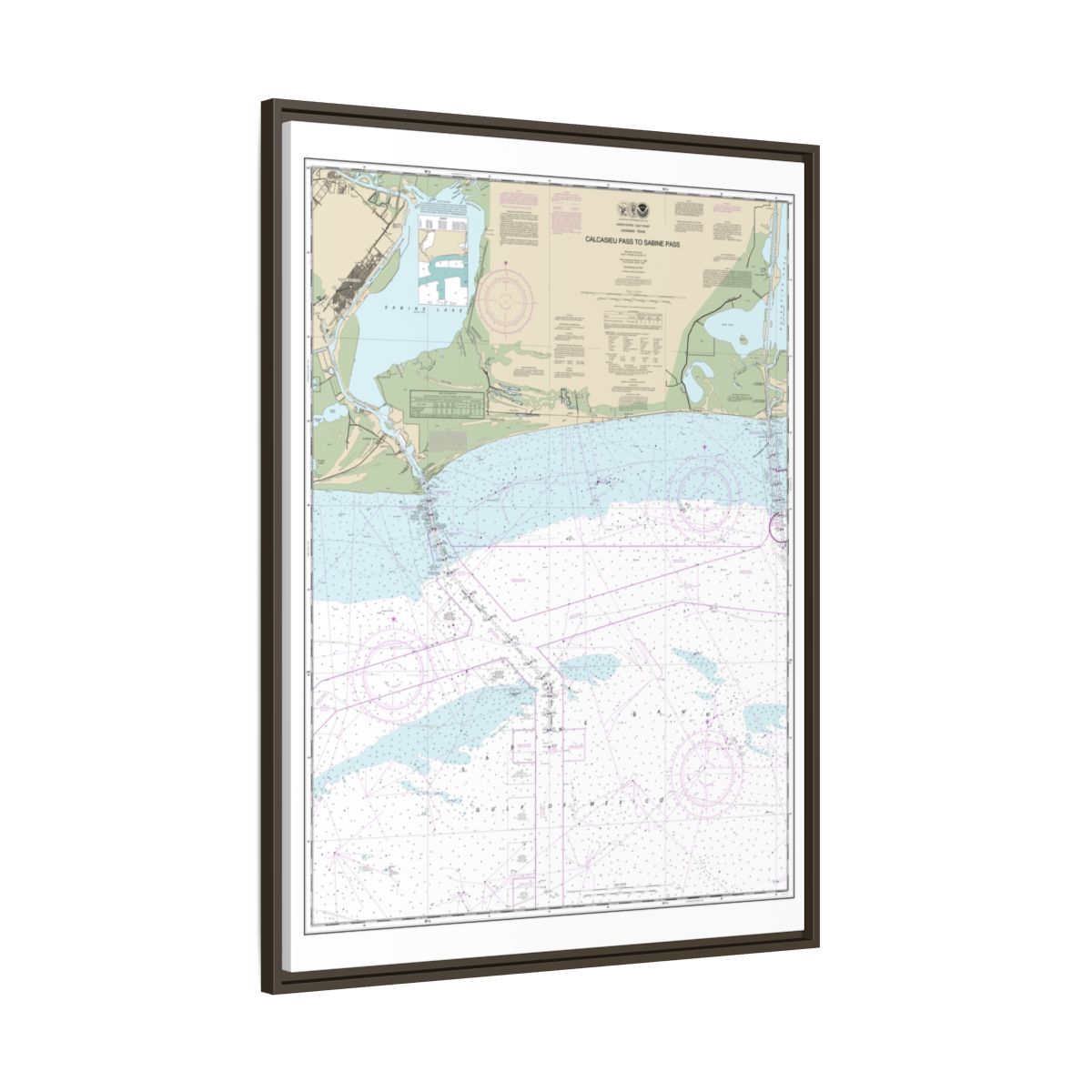 Chart 11341 Calcasieu Pass to Sabine Pass - NOAA Nautical Chart Floating Frame Canvas | 24" x 32" | 30" x 40" - Espresso side