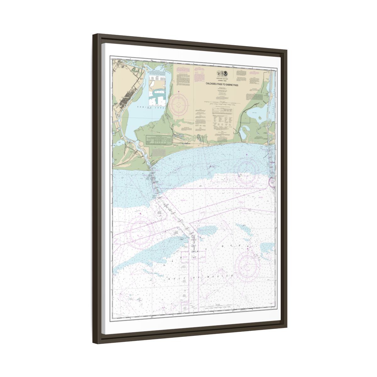 Chart 11341 Calcasieu Pass to Sabine Pass - NOAA Nautical Chart Floating Frame Canvas | 24" x 32" | 30" x 40" - Espresso side