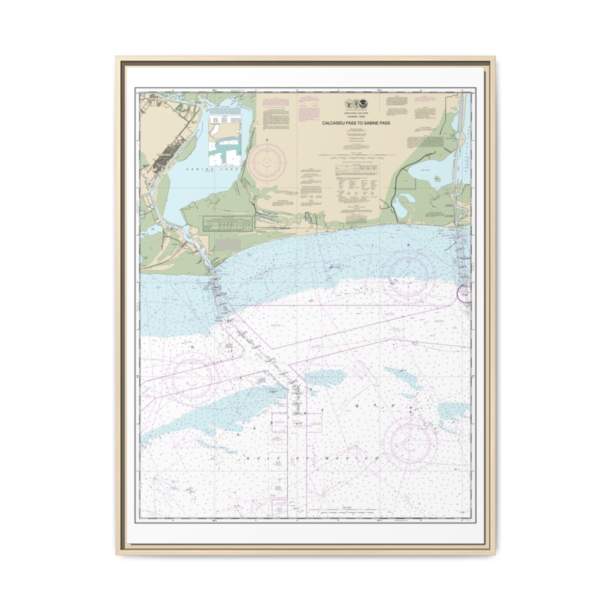 Chart 11341 Calcasieu Pass to Sabine Pass - NOAA Nautical Chart Floating Frame Canvas | 24" x 32" | 30" x 40" - Natural front