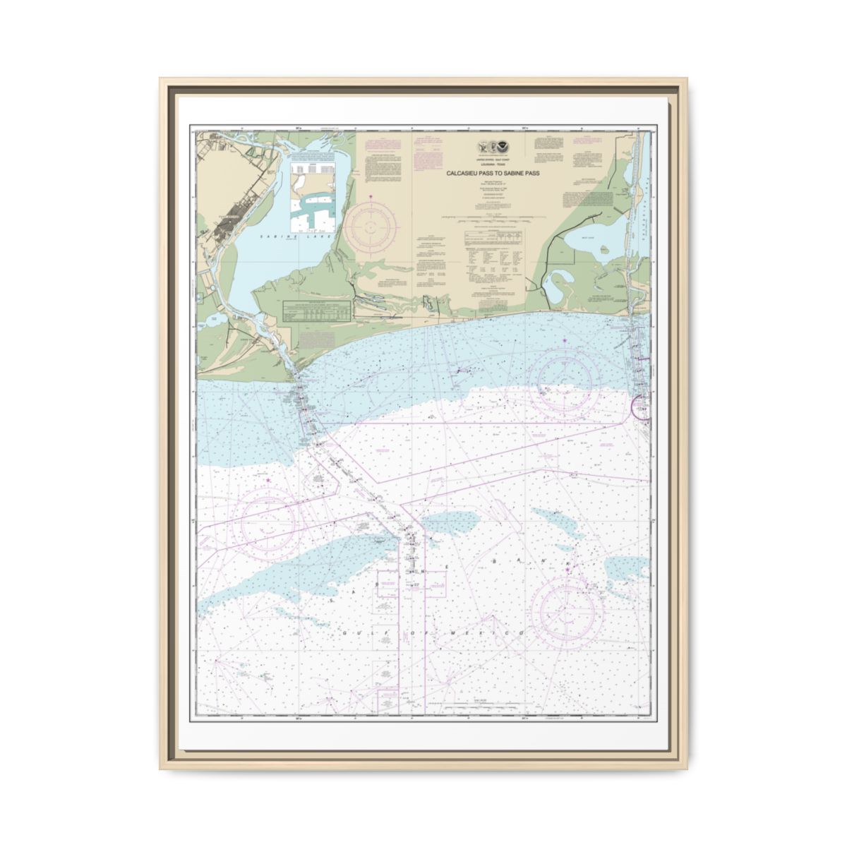 Chart 11341 Calcasieu Pass to Sabine Pass - NOAA Nautical Chart Floating Frame Canvas | 24" x 32" | 30" x 40" - Natural front
