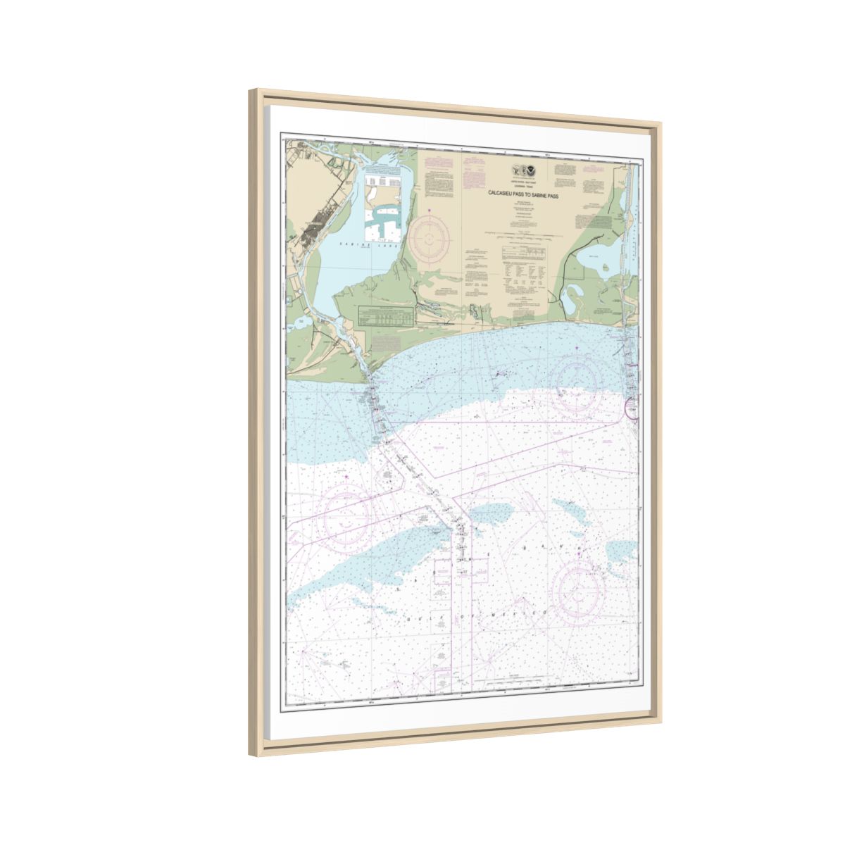 Chart 11341 Calcasieu Pass to Sabine Pass - NOAA Nautical Chart Floating Frame Canvas | 24" x 32" | 30" x 40" - Natural side