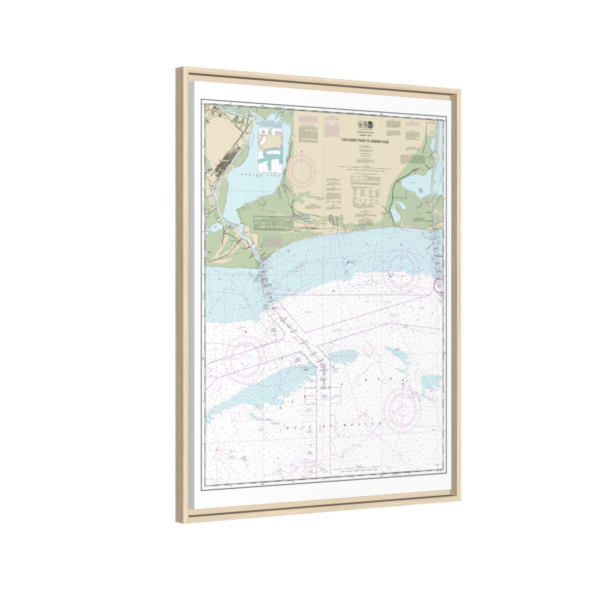 Chart 11341 Calcasieu Pass to Sabine Pass - NOAA Nautical Chart Floating Frame Canvas | 24" x 32" | 30" x 40" - Natural side