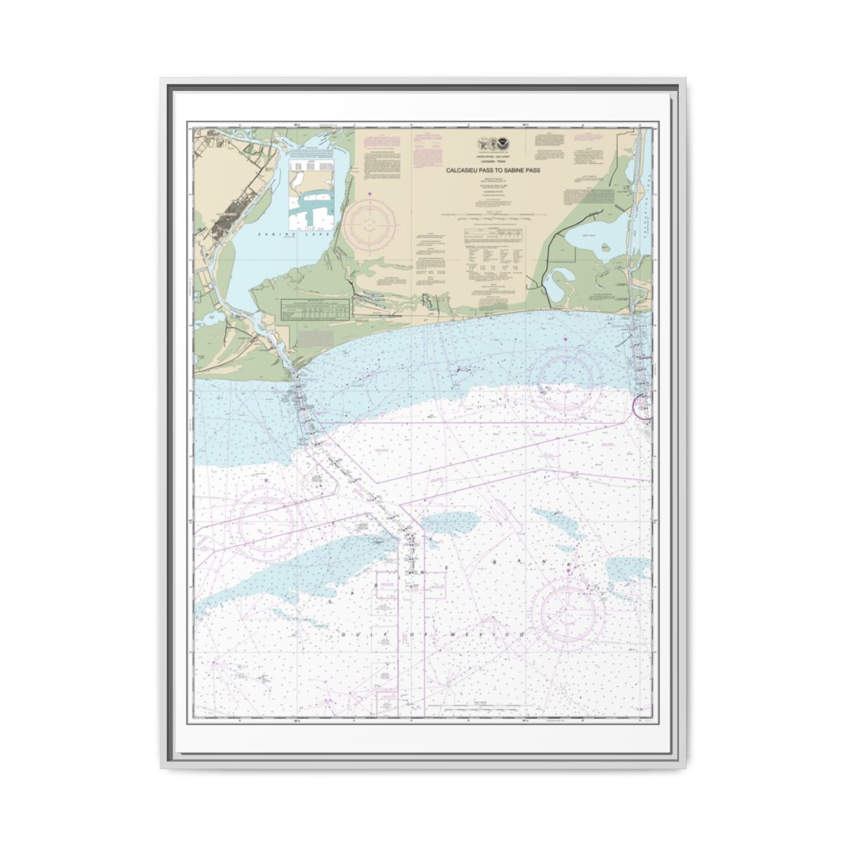 Chart 11341 Calcasieu Pass to Sabine Pass - NOAA Nautical Chart Floating Frame Canvas | 24" x 32" | 30" x 40" - White front
