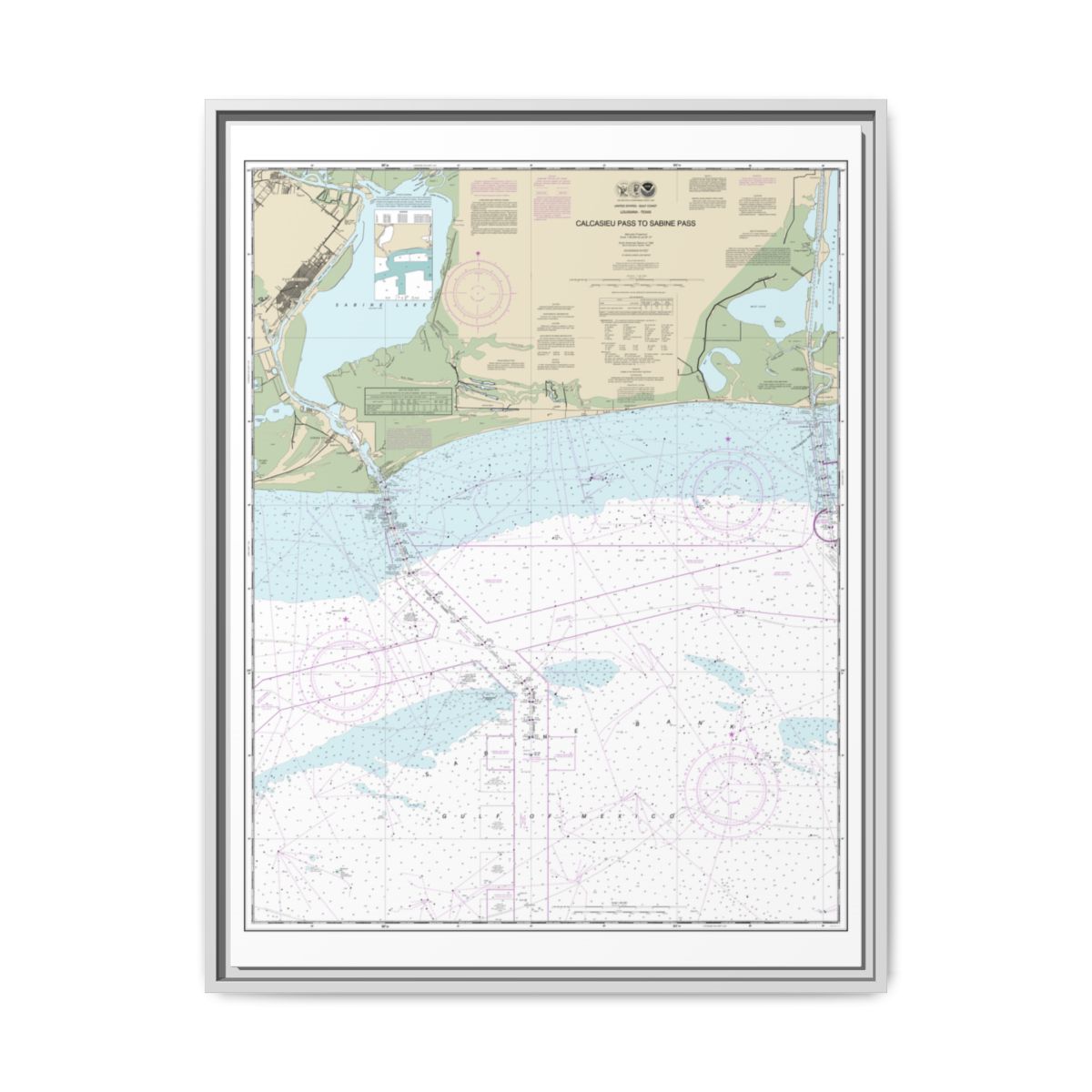 Chart 11341 Calcasieu Pass to Sabine Pass - NOAA Nautical Chart Floating Frame Canvas | 24" x 32" | 30" x 40" - White front