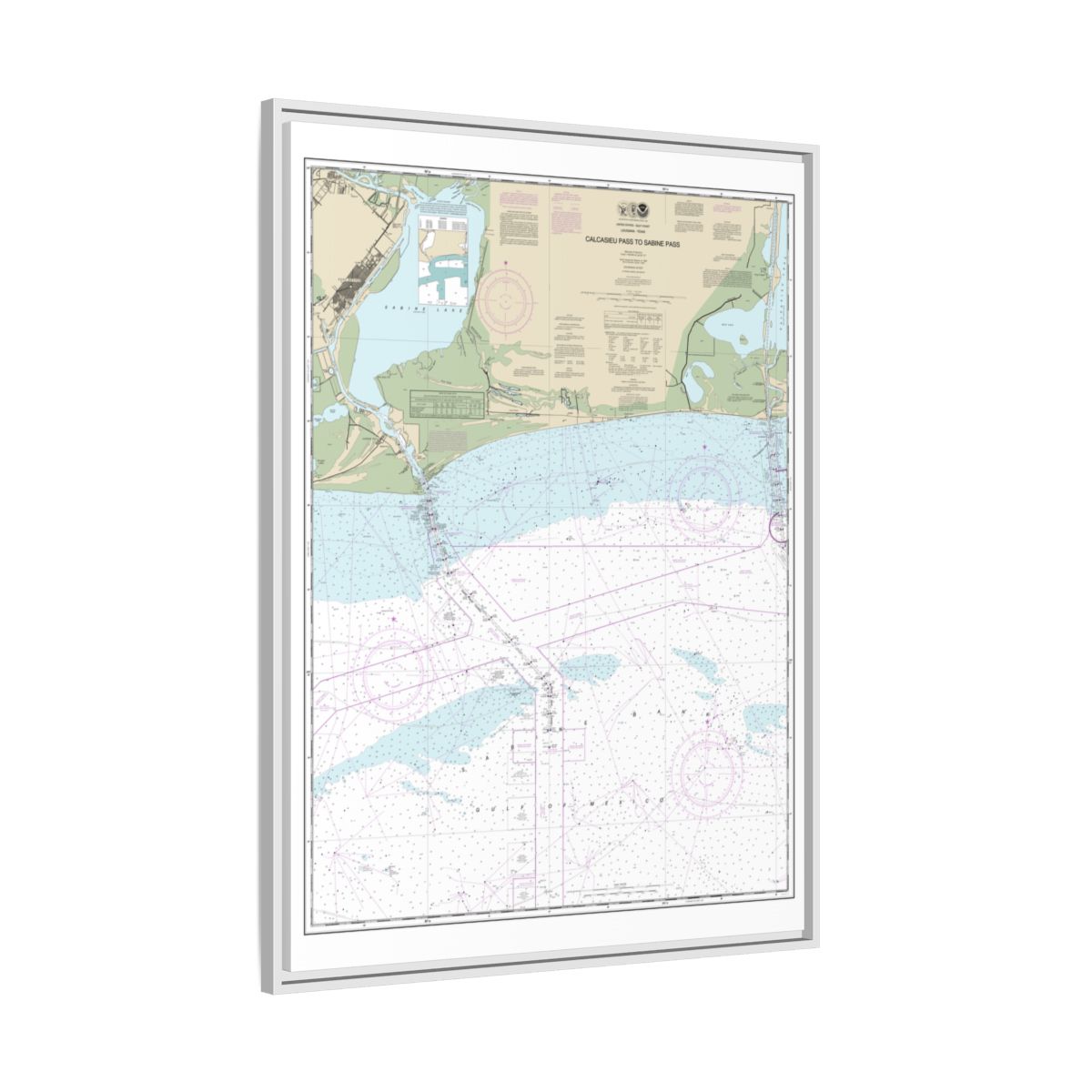 Chart 11341 Calcasieu Pass to Sabine Pass - NOAA Nautical Chart Floating Frame Canvas | 24" x 32" | 30" x 40" - White side