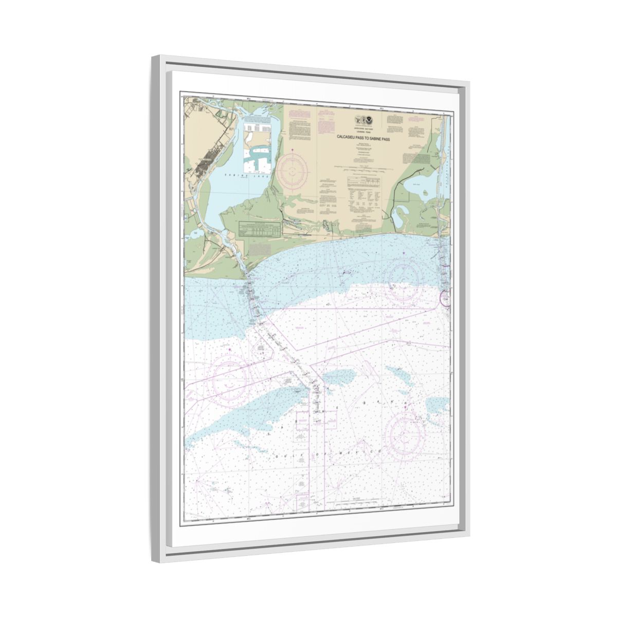 Chart 11341 Calcasieu Pass to Sabine Pass - NOAA Nautical Chart Floating Frame Canvas | 24" x 32" | 30" x 40" - White side