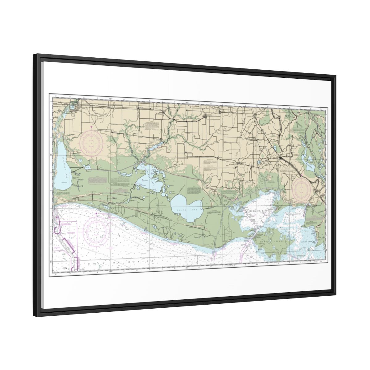 Chart 11345 Intracoastal Waterway New Orleans to Calcasieu River West Section - NOAA Nautical Chart Floating Frame Canvas | 30" x 20" | 36" x 24" | 48" x 32" - Black side