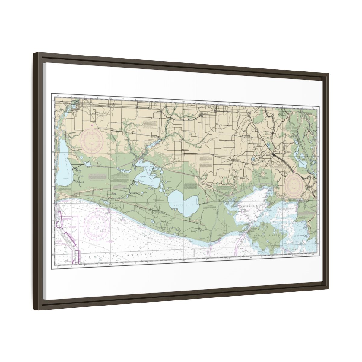 Chart 11345 Intracoastal Waterway New Orleans to Calcasieu River West Section - NOAA Nautical Chart Floating Frame Canvas | 30" x 20" | 36" x 24" | 48" x 32" - Espresso side