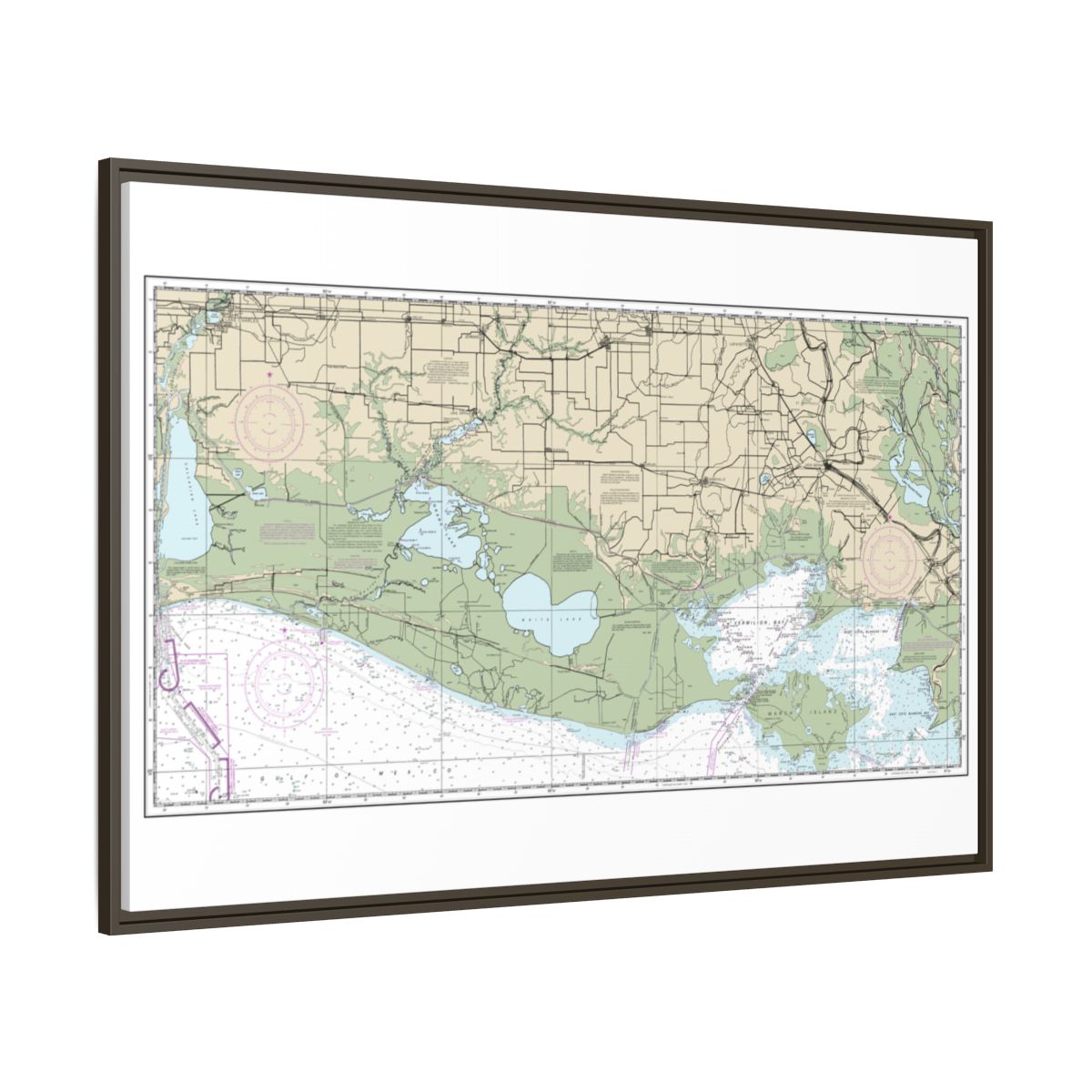 Chart 11345 Intracoastal Waterway New Orleans to Calcasieu River West Section - NOAA Nautical Chart Floating Frame Canvas | 30" x 20" | 36" x 24" | 48" x 32" - Espresso side