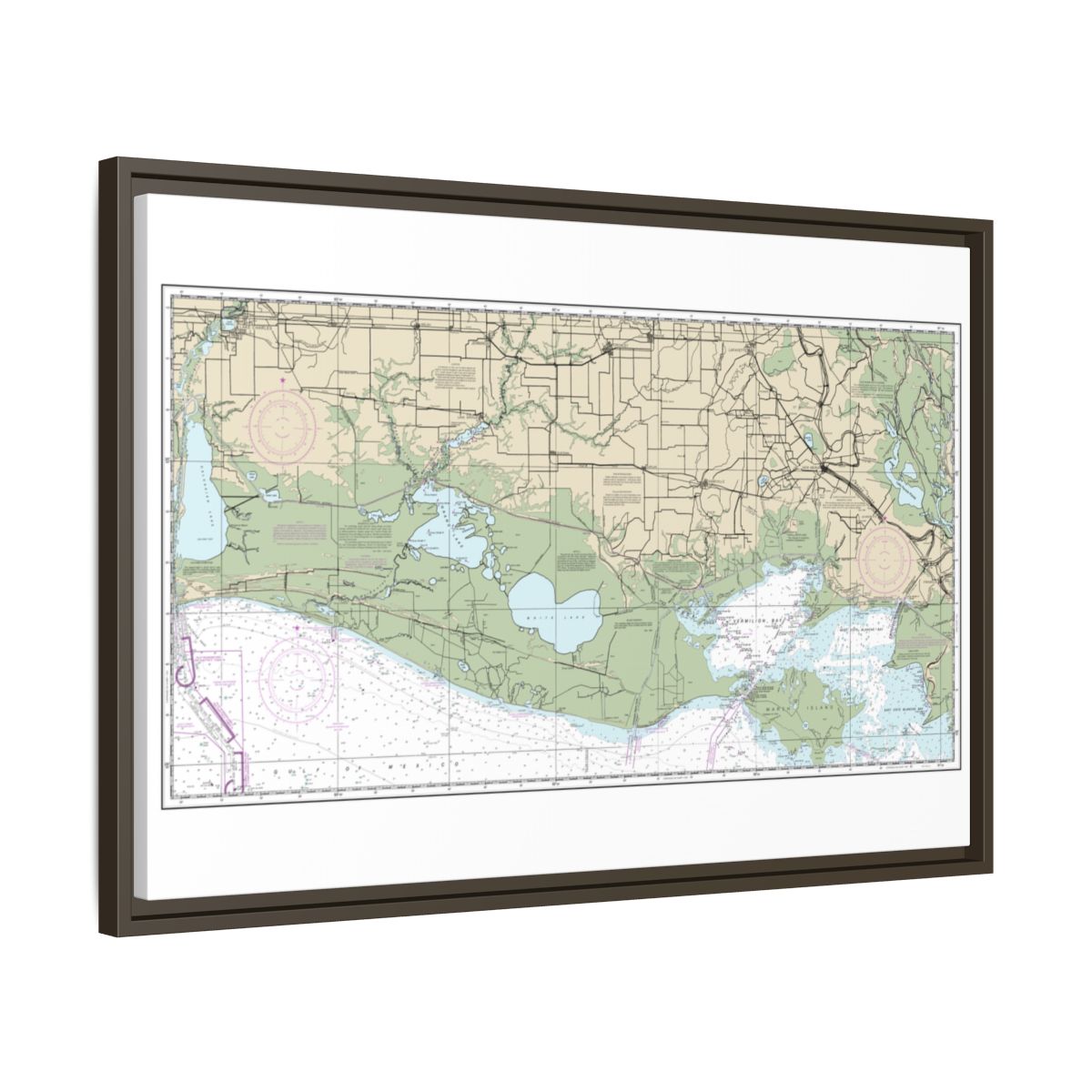 Chart 11345 Intracoastal Waterway New Orleans to Calcasieu River West Section - NOAA Nautical Chart Floating Frame Canvas | 30" x 20" | 36" x 24" | 48" x 32" - Espresso side