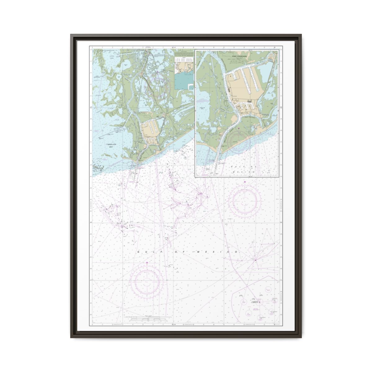 Chart 11346 Port Fourchon and Approaches - NOAA Nautical Chart Floating Frame Canvas | 24" x 32" | 30" x 40" - Espresso front
