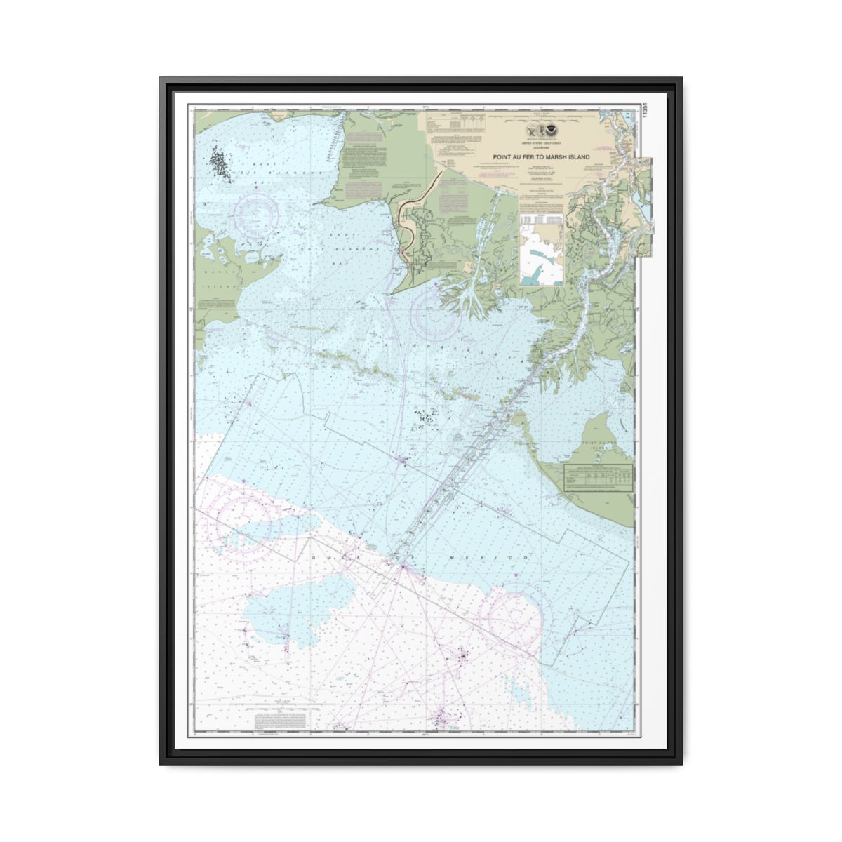 Chart 11351 Point au Fer to Marsh Island - NOAA Nautical Chart Floating Frame Canvas | 24" x 32" | 30" x 40" - Black front