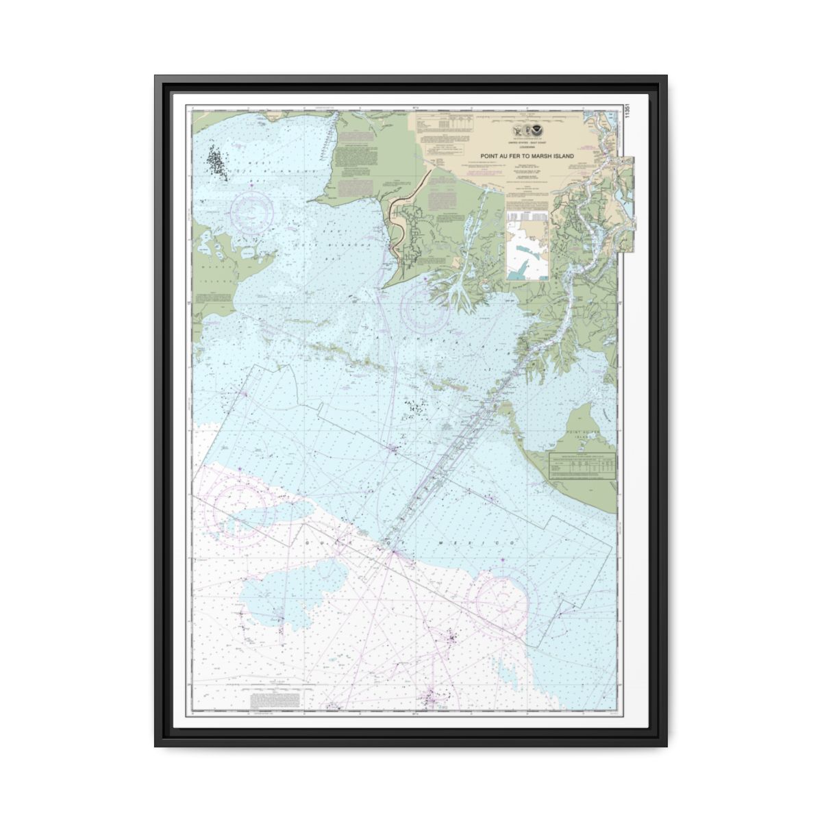 Chart 11351 Point au Fer to Marsh Island - NOAA Nautical Chart Floating Frame Canvas | 24" x 32" | 30" x 40" - Black front