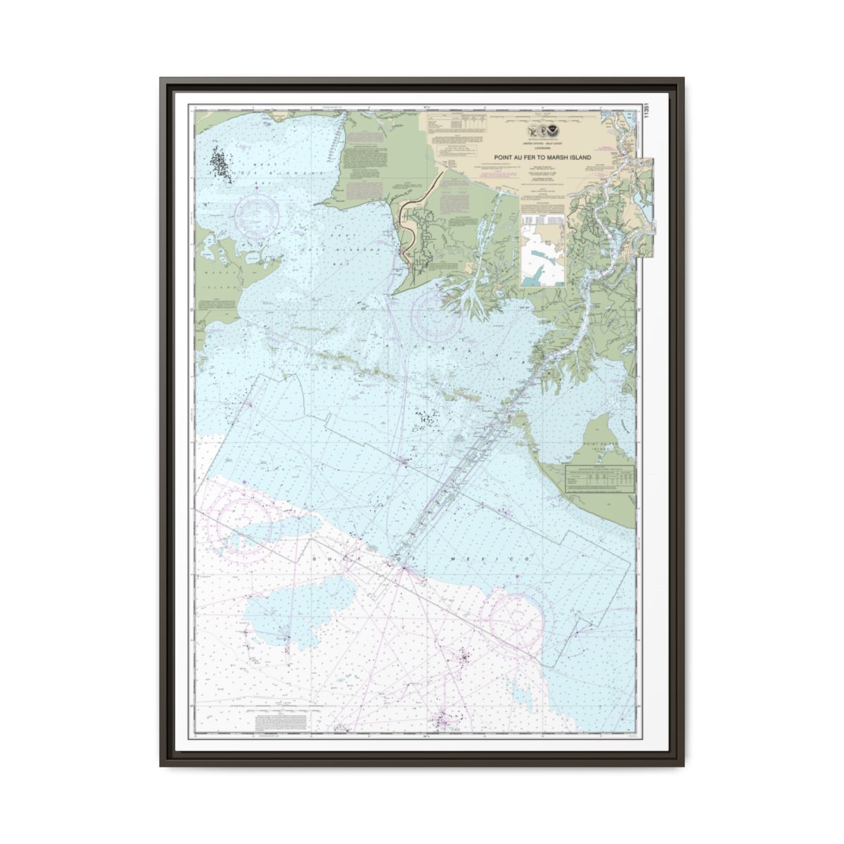 Chart 11351 Point au Fer to Marsh Island - NOAA Nautical Chart Floating Frame Canvas | 24" x 32" | 30" x 40" - Espresso front