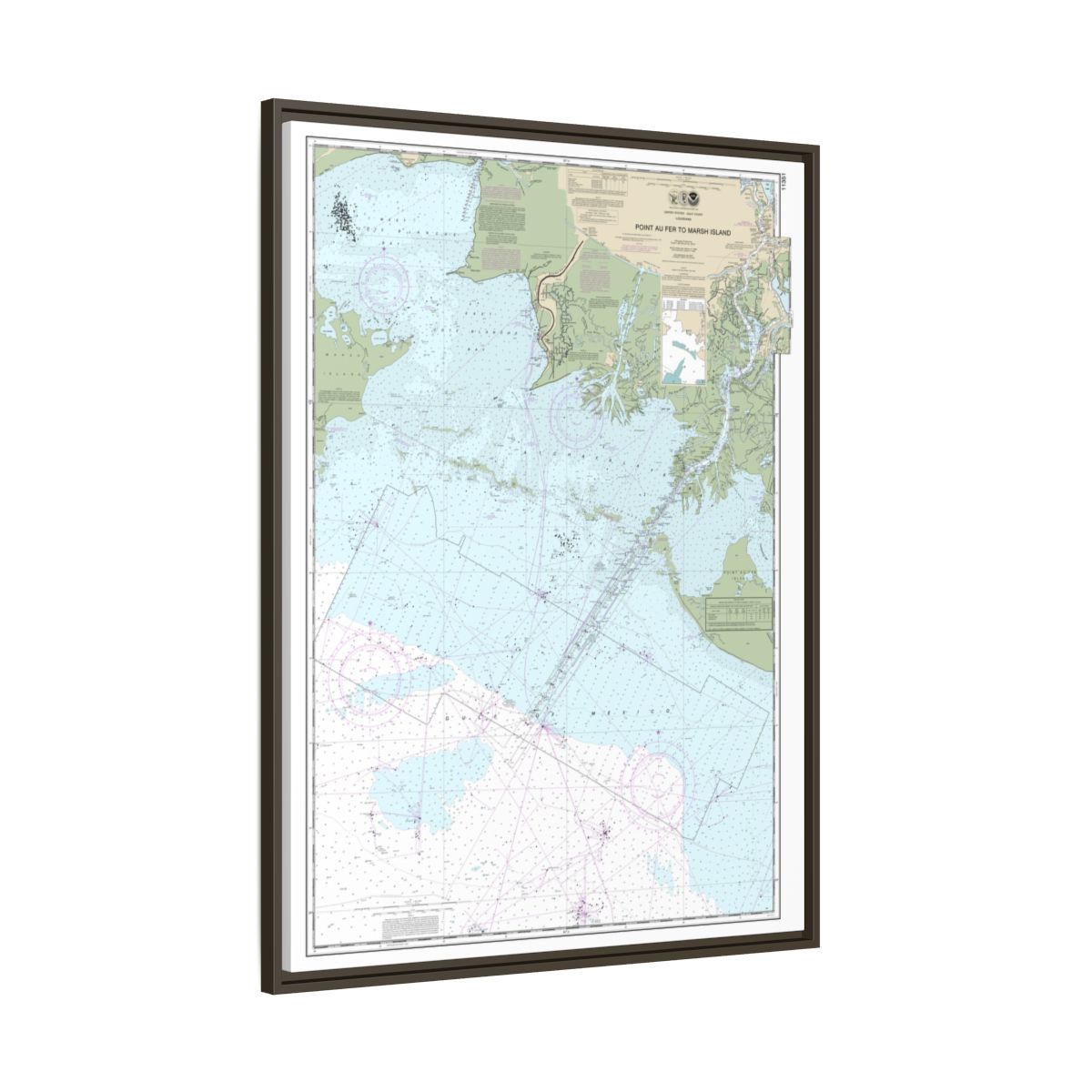 Chart 11351 Point au Fer to Marsh Island - NOAA Nautical Chart Floating Frame Canvas | 24" x 32" | 30" x 40" - Espresso side