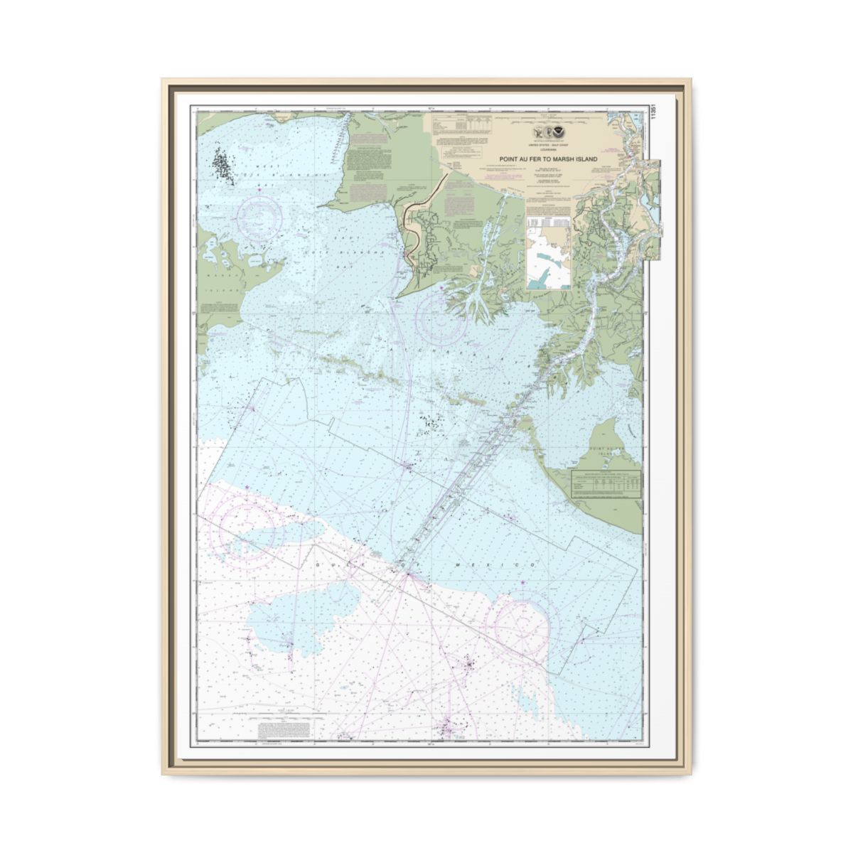 Chart 11351 Point au Fer to Marsh Island - NOAA Nautical Chart Floating Frame Canvas | 24" x 32" | 30" x 40" - Natural front