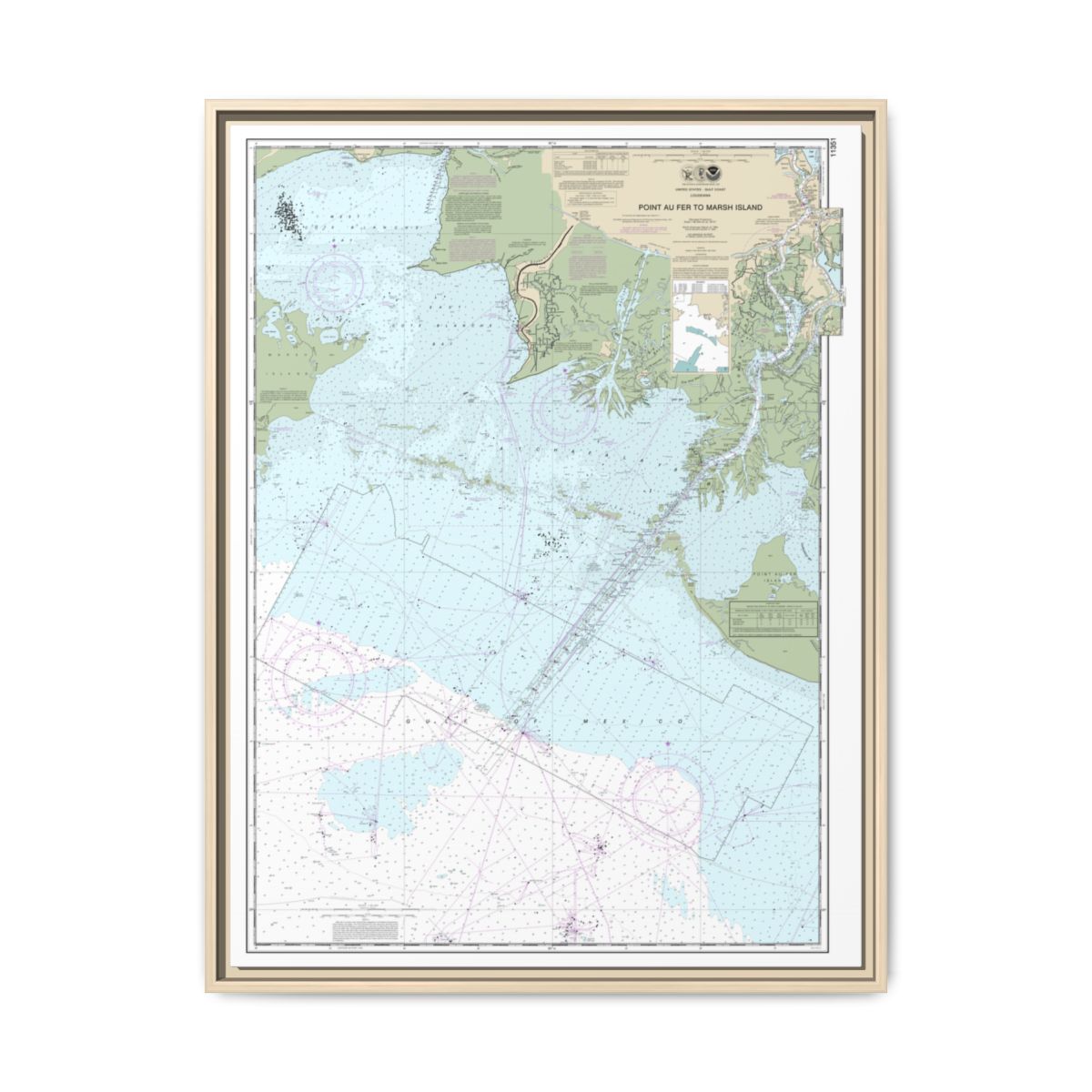 Chart 11351 Point au Fer to Marsh Island - NOAA Nautical Chart Floating Frame Canvas | 24" x 32" | 30" x 40" - Natural front