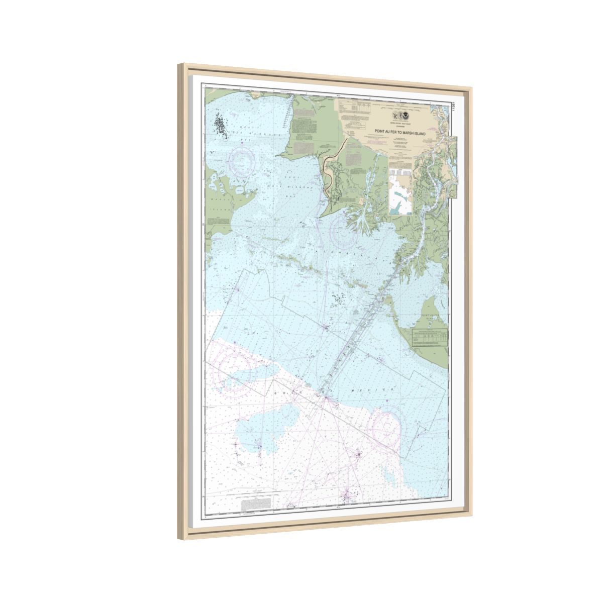 Chart 11351 Point au Fer to Marsh Island - NOAA Nautical Chart Floating Frame Canvas | 24" x 32" | 30" x 40" - Natural side