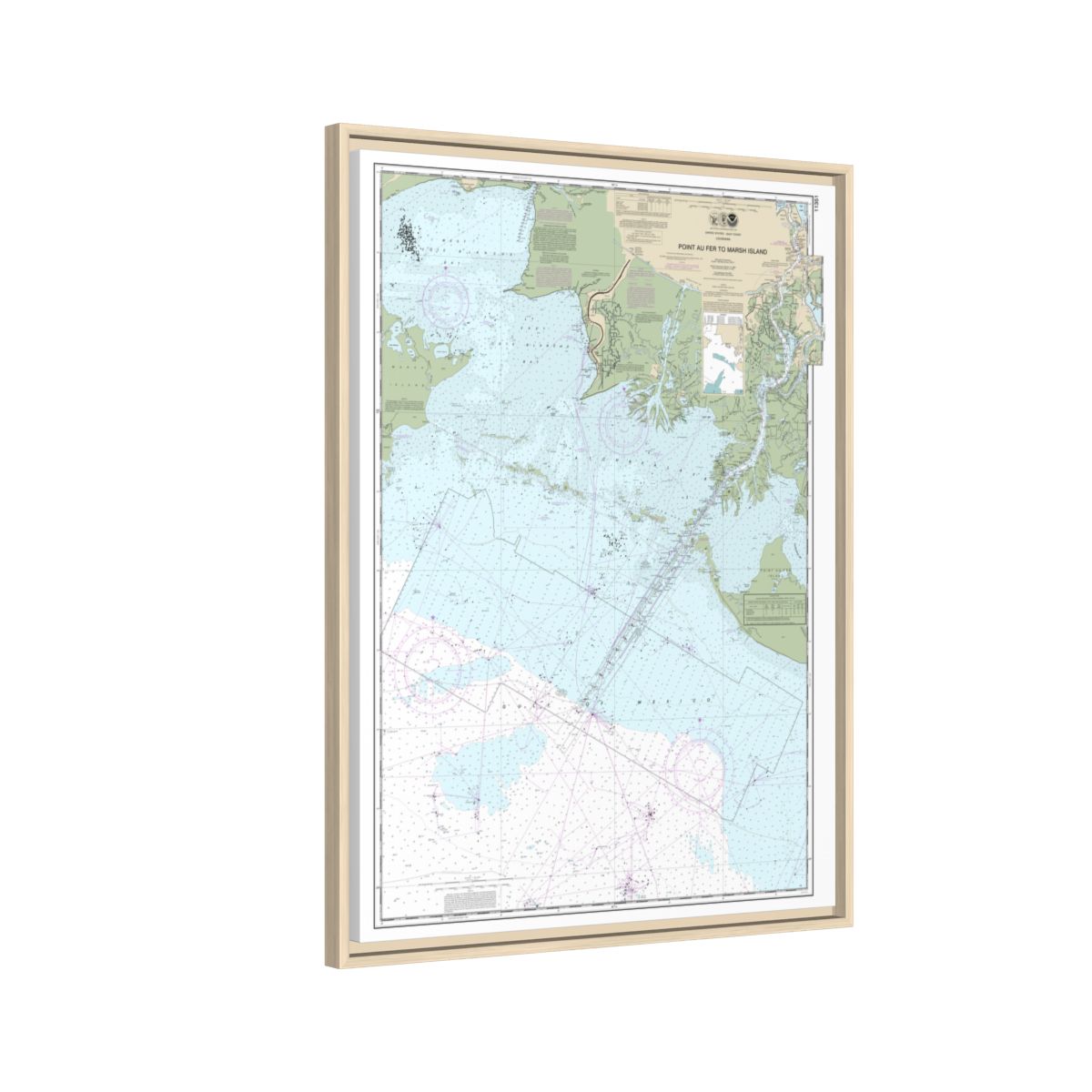 Chart 11351 Point au Fer to Marsh Island - NOAA Nautical Chart Floating Frame Canvas | 24" x 32" | 30" x 40" - Natural side
