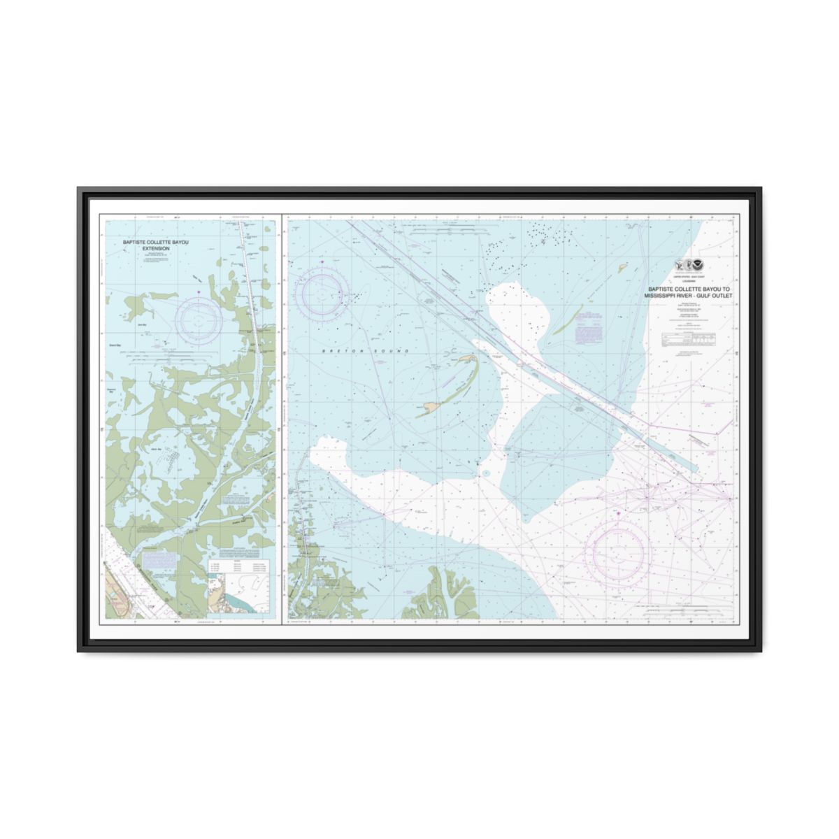 Chart 11353 Baptiste Collette Bayou to Mississippi River Gulf Outlet;Baptiste Collette Bayou Extension - NOAA Nautical Chart Floating Frame Canvas | 30" x 20" | 36" x 24" | 48" x 32" - Black front