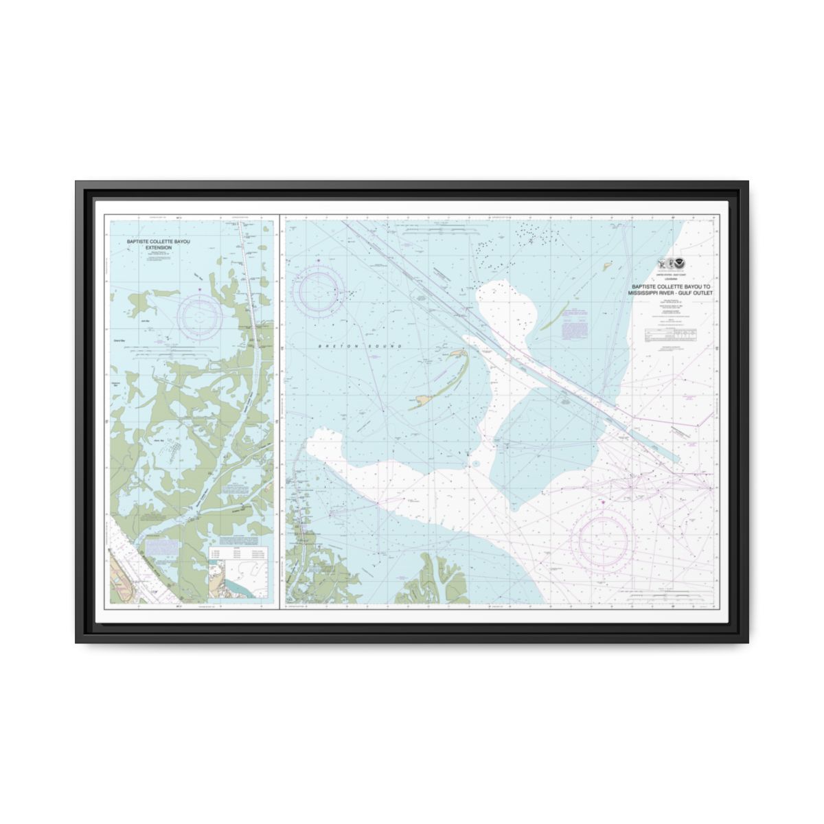 Chart 11353 Baptiste Collette Bayou to Mississippi River Gulf Outlet;Baptiste Collette Bayou Extension - NOAA Nautical Chart Floating Frame Canvas | 30" x 20" | 36" x 24" | 48" x 32" - Black front