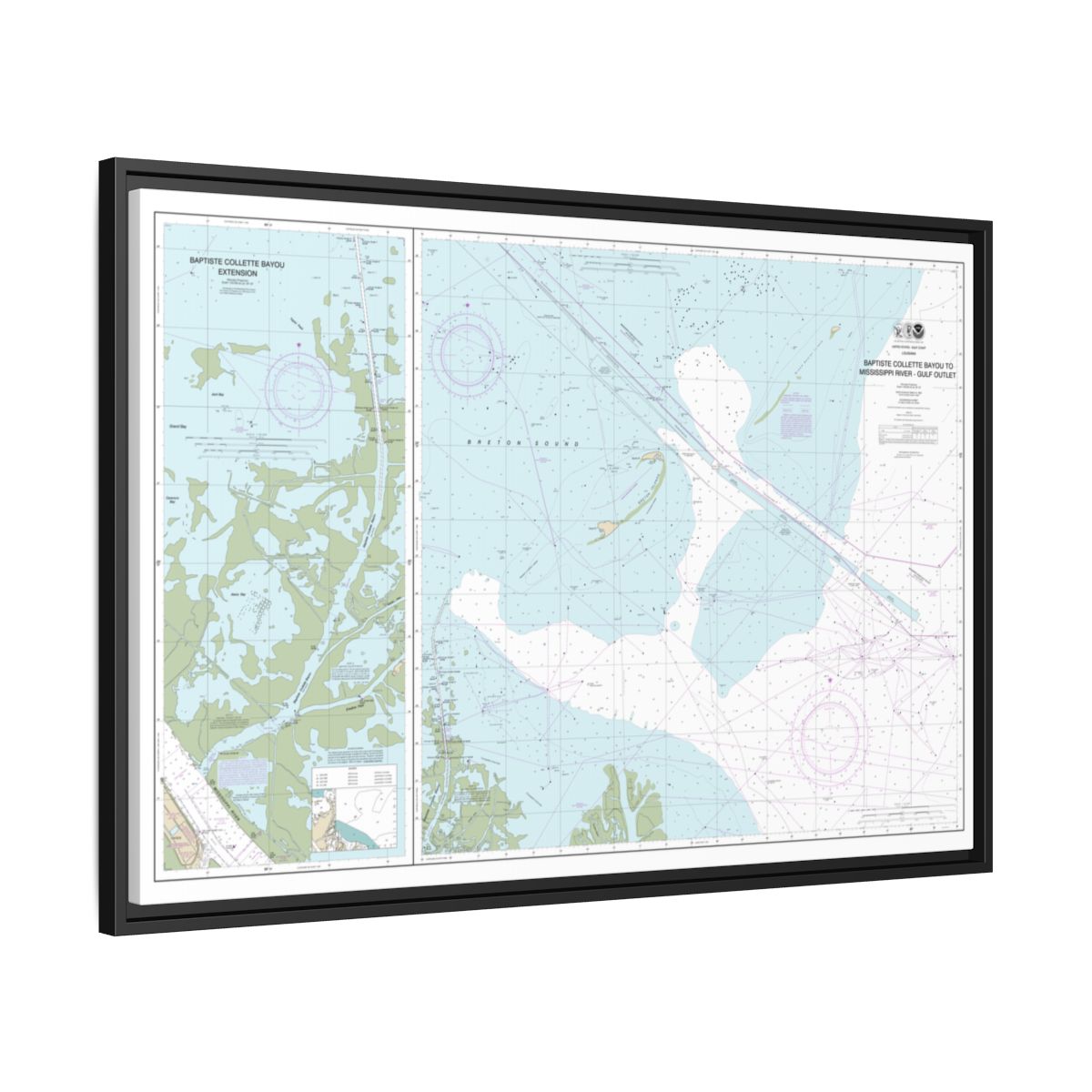 Chart 11353 Baptiste Collette Bayou to Mississippi River Gulf Outlet;Baptiste Collette Bayou Extension - NOAA Nautical Chart Floating Frame Canvas | 30" x 20" | 36" x 24" | 48" x 32" - Black side