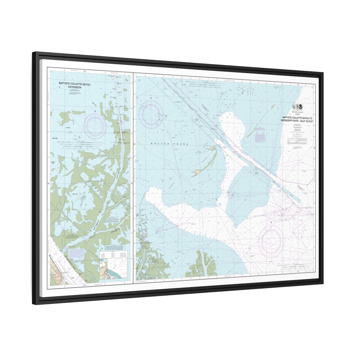 Chart 11353 Baptiste Collette Bayou to Mississippi River Gulf Outlet;Baptiste Collette Bayou Extension - NOAA Nautical Chart Floating Frame Canvas | 30" x 20" | 36" x 24" | 48" x 32" - Black side