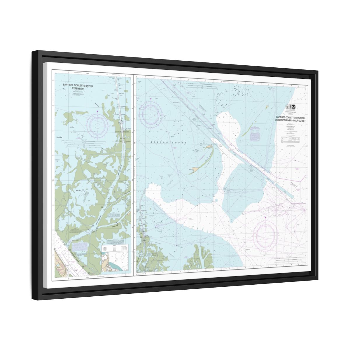 Chart 11353 Baptiste Collette Bayou to Mississippi River Gulf Outlet;Baptiste Collette Bayou Extension - NOAA Nautical Chart Floating Frame Canvas | 30" x 20" | 36" x 24" | 48" x 32" - Black side