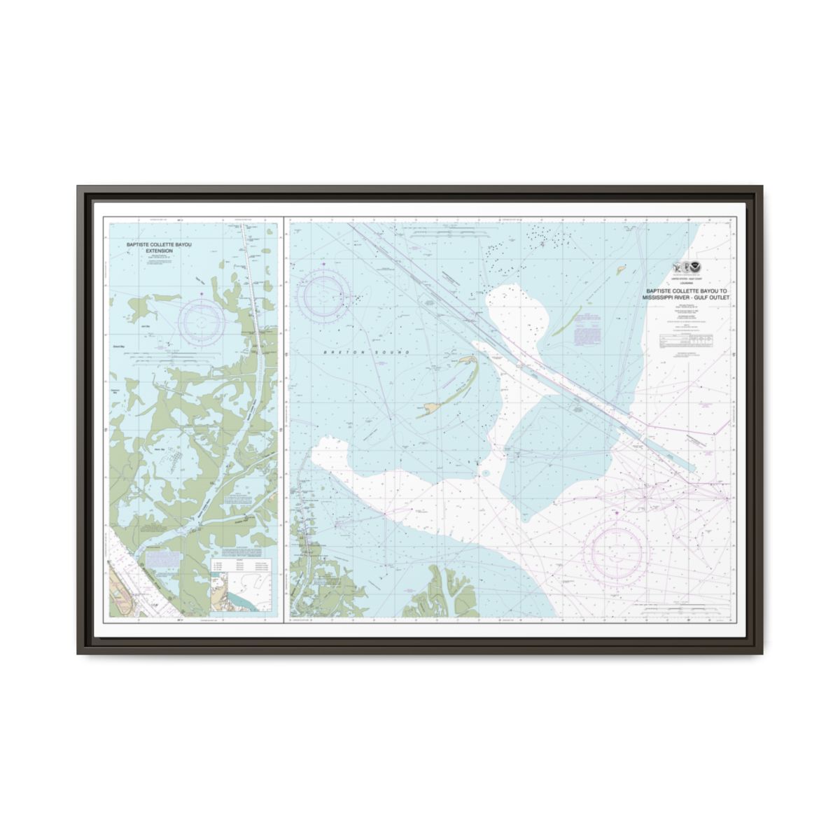 Chart 11353 Baptiste Collette Bayou to Mississippi River Gulf Outlet;Baptiste Collette Bayou Extension - NOAA Nautical Chart Floating Frame Canvas | 30" x 20" | 36" x 24" | 48" x 32" - Espresso front