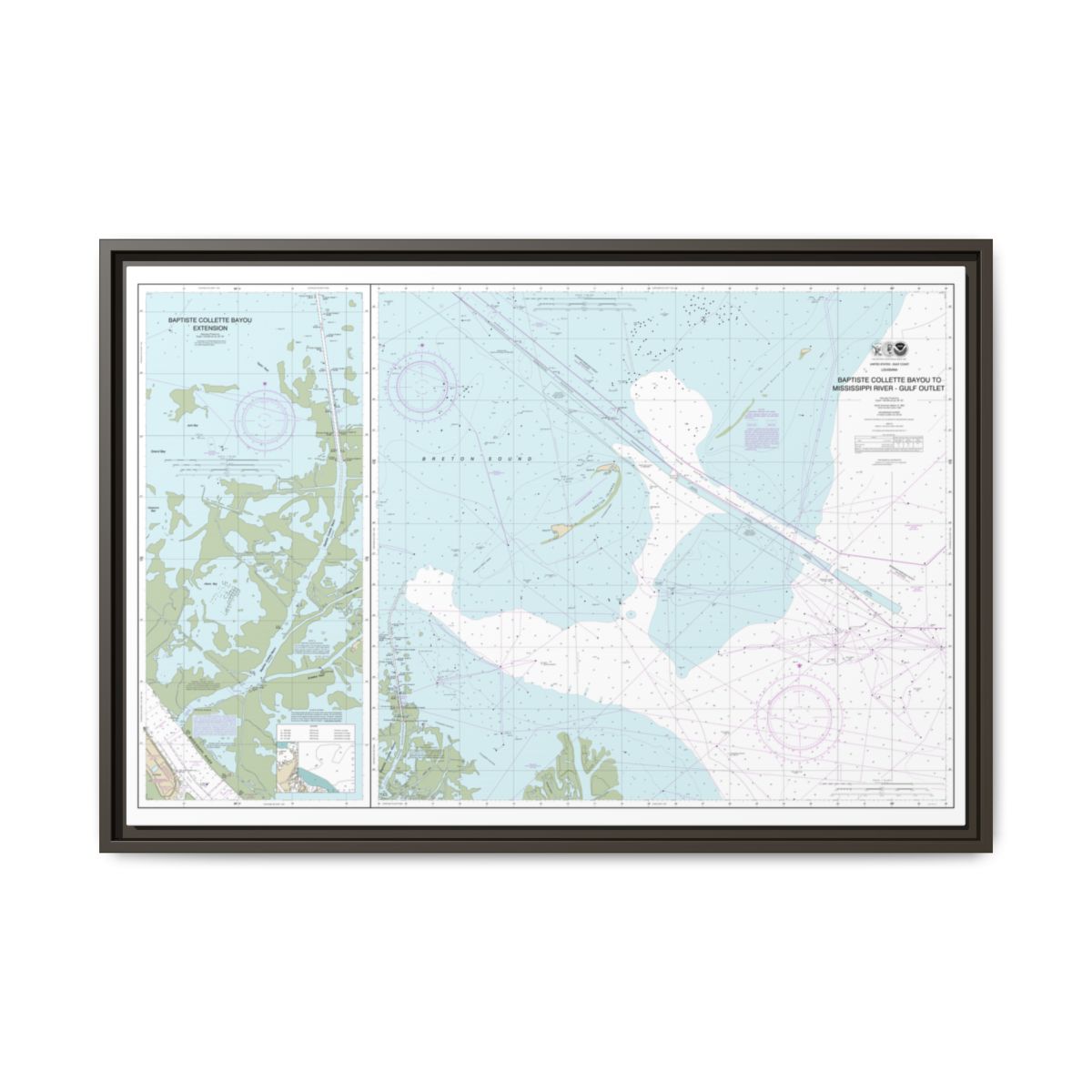 Chart 11353 Baptiste Collette Bayou to Mississippi River Gulf Outlet;Baptiste Collette Bayou Extension - NOAA Nautical Chart Floating Frame Canvas | 30" x 20" | 36" x 24" | 48" x 32" - Espresso front