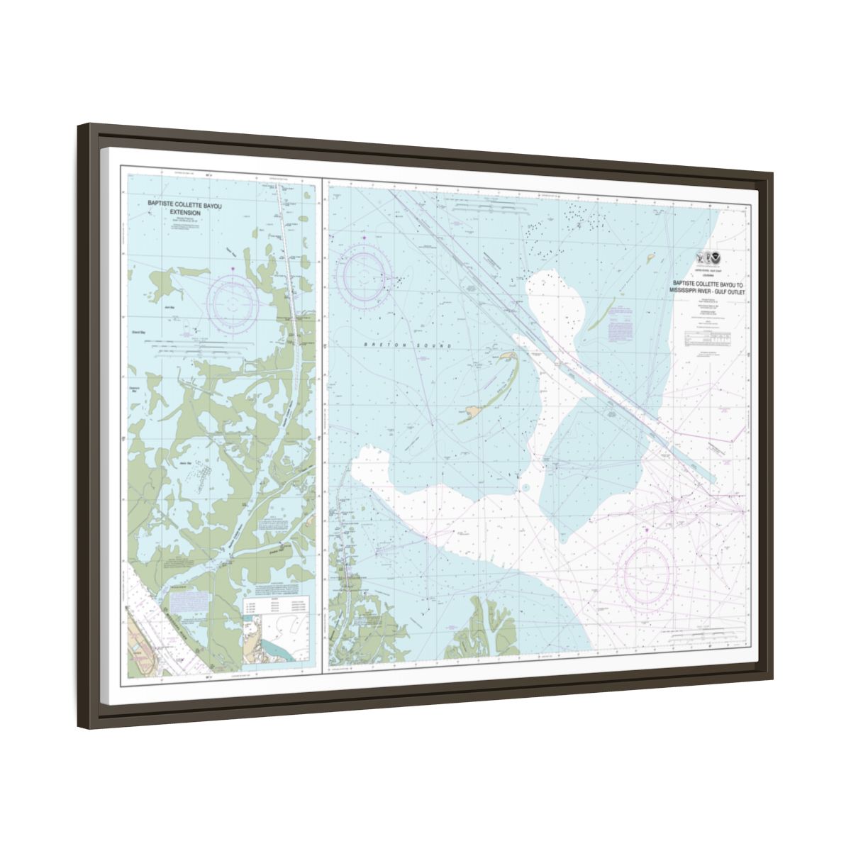 Chart 11353 Baptiste Collette Bayou to Mississippi River Gulf Outlet;Baptiste Collette Bayou Extension - NOAA Nautical Chart Floating Frame Canvas | 30" x 20" | 36" x 24" | 48" x 32" - Espresso side