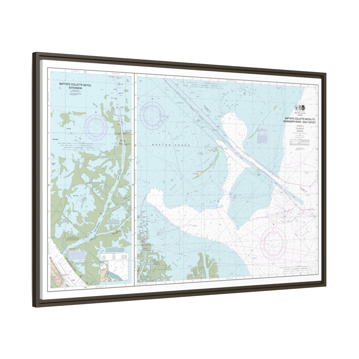 Chart 11353 Baptiste Collette Bayou to Mississippi River Gulf Outlet;Baptiste Collette Bayou Extension - NOAA Nautical Chart Floating Frame Canvas | 30" x 20" | 36" x 24" | 48" x 32" - Espresso side