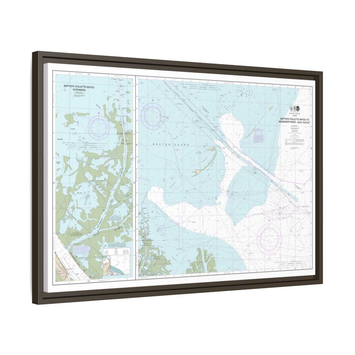 Chart 11353 Baptiste Collette Bayou to Mississippi River Gulf Outlet;Baptiste Collette Bayou Extension - NOAA Nautical Chart Floating Frame Canvas | 30" x 20" | 36" x 24" | 48" x 32" - Espresso side