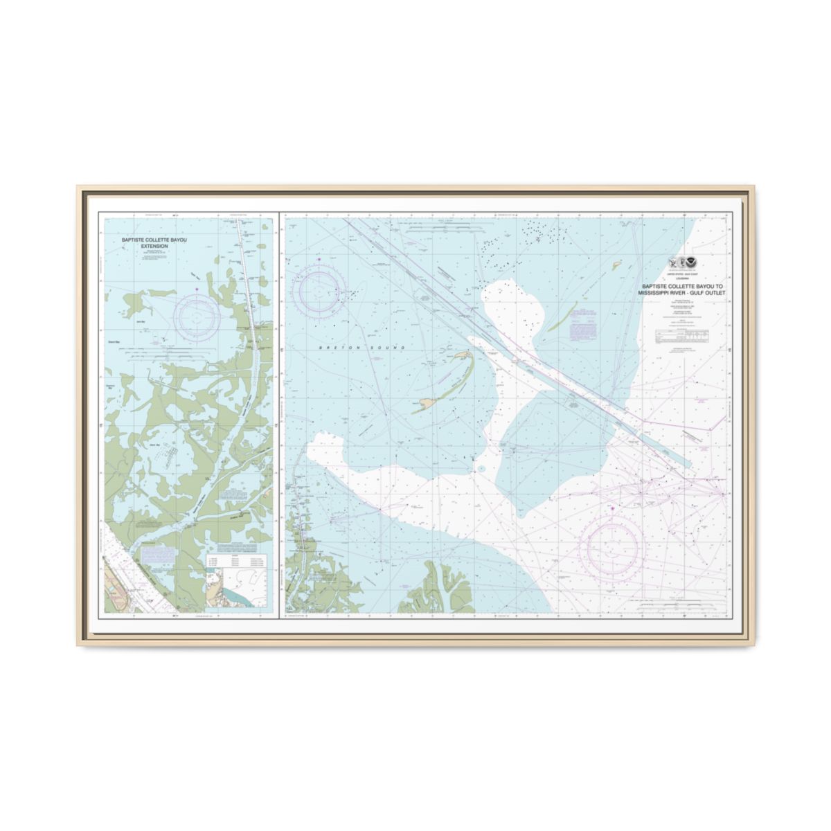 Chart 11353 Baptiste Collette Bayou to Mississippi River Gulf Outlet;Baptiste Collette Bayou Extension - NOAA Nautical Chart Floating Frame Canvas | 30" x 20" | 36" x 24" | 48" x 32" - Natural front
