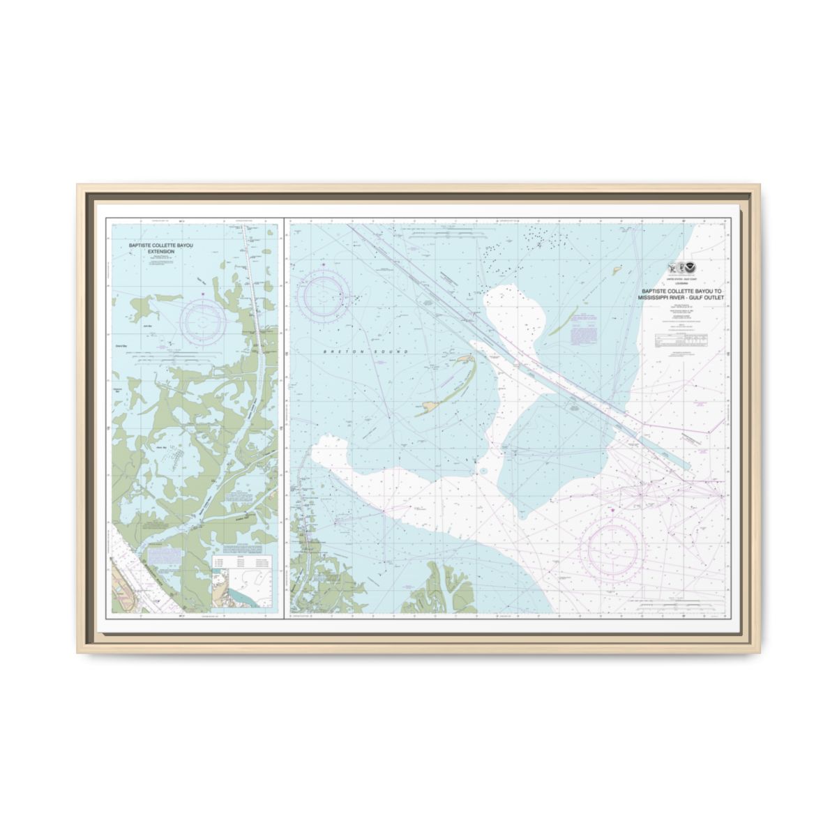 Chart 11353 Baptiste Collette Bayou to Mississippi River Gulf Outlet;Baptiste Collette Bayou Extension - NOAA Nautical Chart Floating Frame Canvas | 30" x 20" | 36" x 24" | 48" x 32" - Natural front