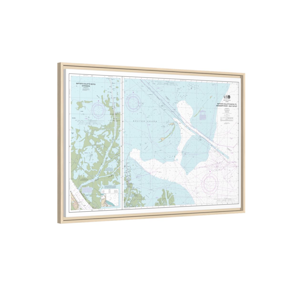 Chart 11353 Baptiste Collette Bayou to Mississippi River Gulf Outlet;Baptiste Collette Bayou Extension - NOAA Nautical Chart Floating Frame Canvas | 30" x 20" | 36" x 24" | 48" x 32" - Natural side