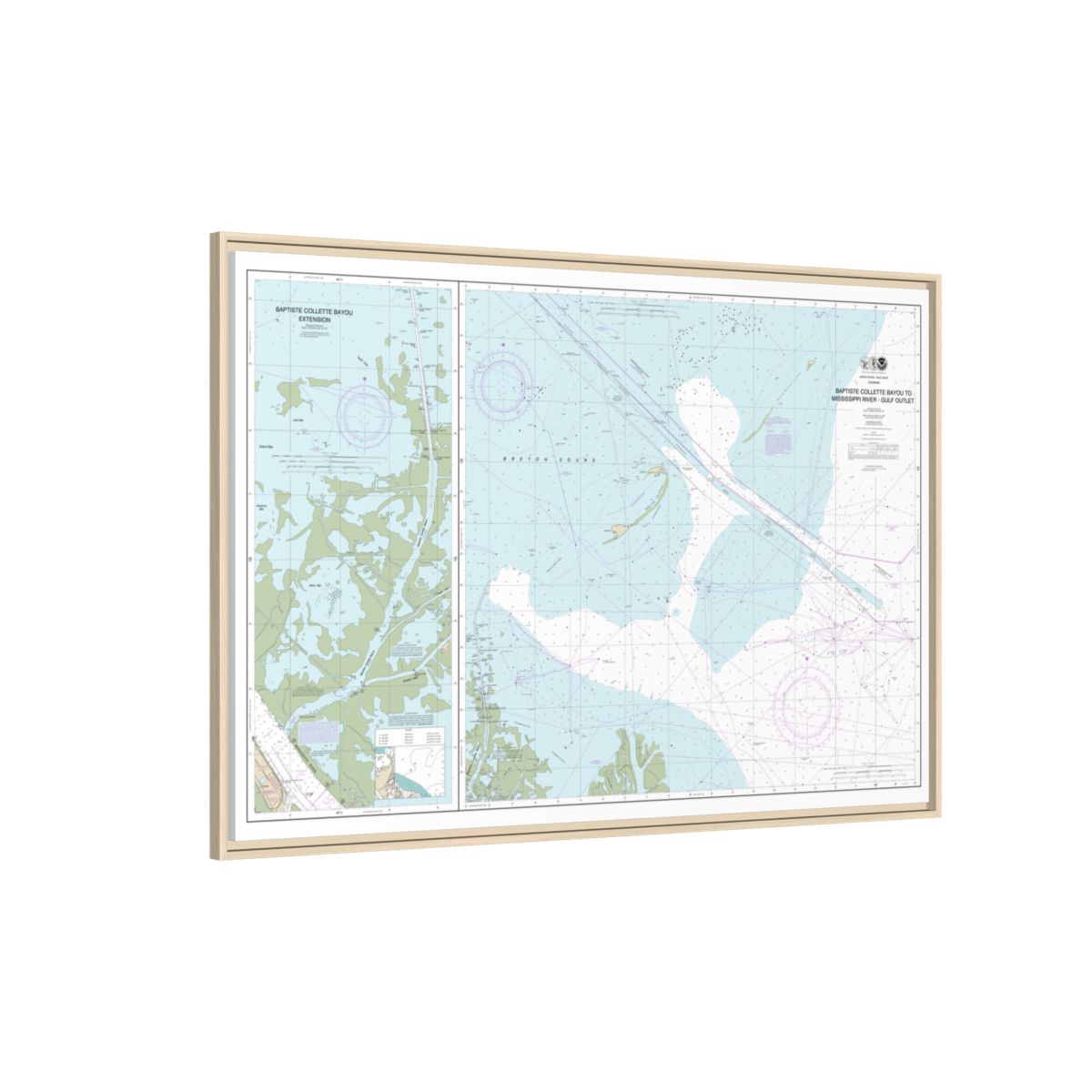Chart 11353 Baptiste Collette Bayou to Mississippi River Gulf Outlet;Baptiste Collette Bayou Extension - NOAA Nautical Chart Floating Frame Canvas | 30" x 20" | 36" x 24" | 48" x 32" - Natural side