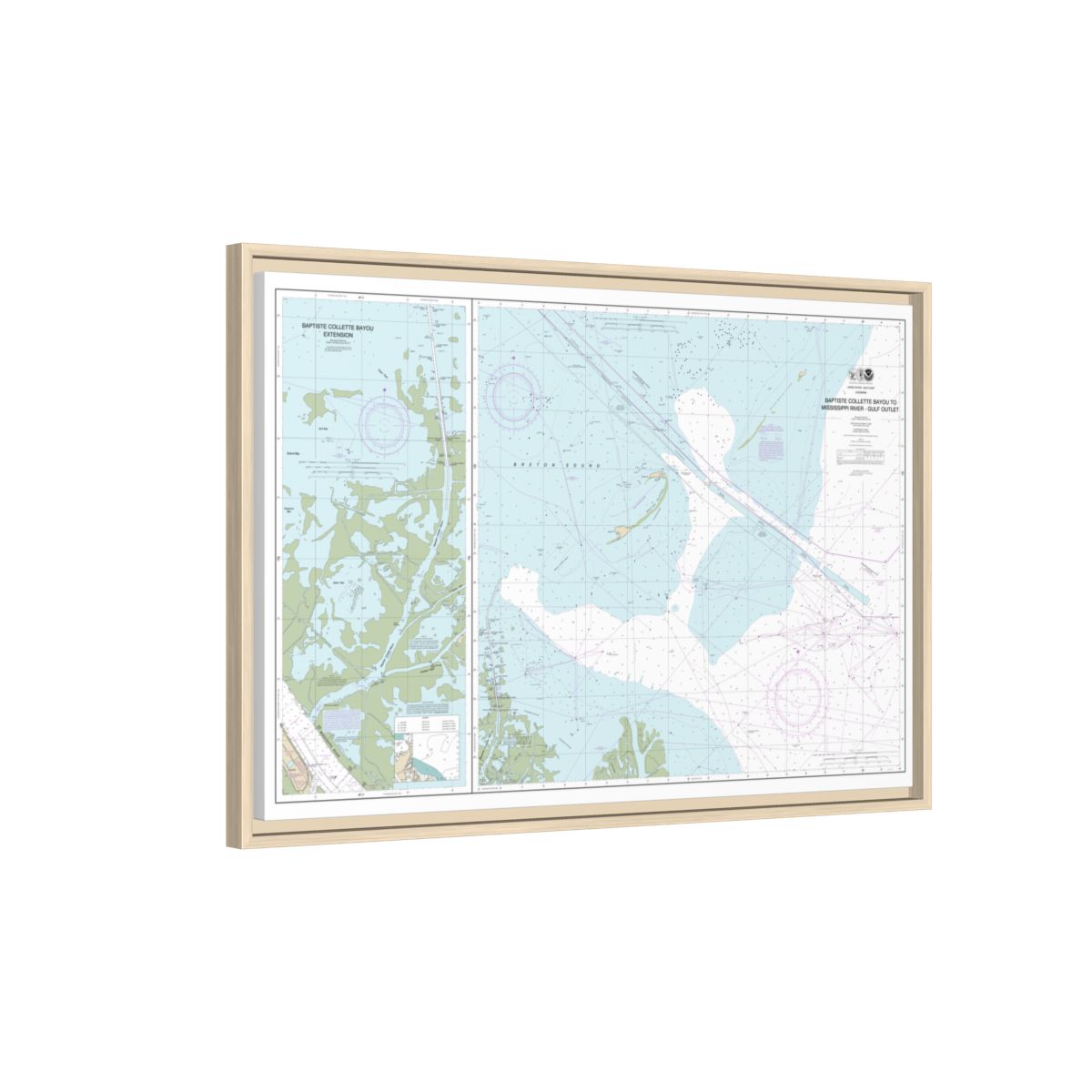 Chart 11353 Baptiste Collette Bayou to Mississippi River Gulf Outlet;Baptiste Collette Bayou Extension - NOAA Nautical Chart Floating Frame Canvas | 30" x 20" | 36" x 24" | 48" x 32" - Natural side